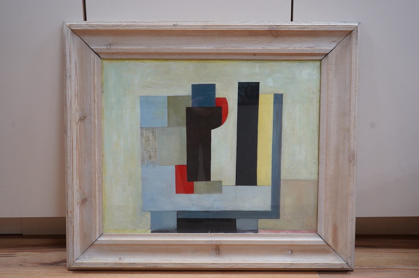 A decorative oil on board, abstract composition, Geometric shapes, 43 x 53cm. Condition - good
